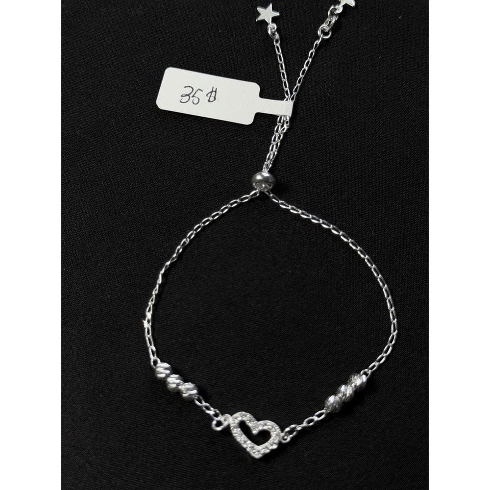 Silver Tone Adjustable Bolo Bracelet Clear Rhinestone Heart Textured Beads Star